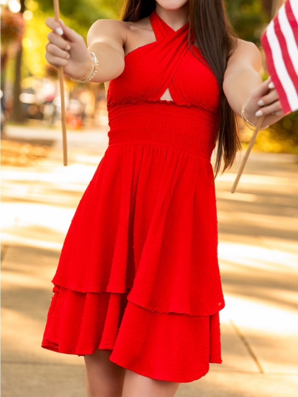 Hello Molly Red Halter Mini Dress XS Backless Cutout Tiered Fit Flare Party